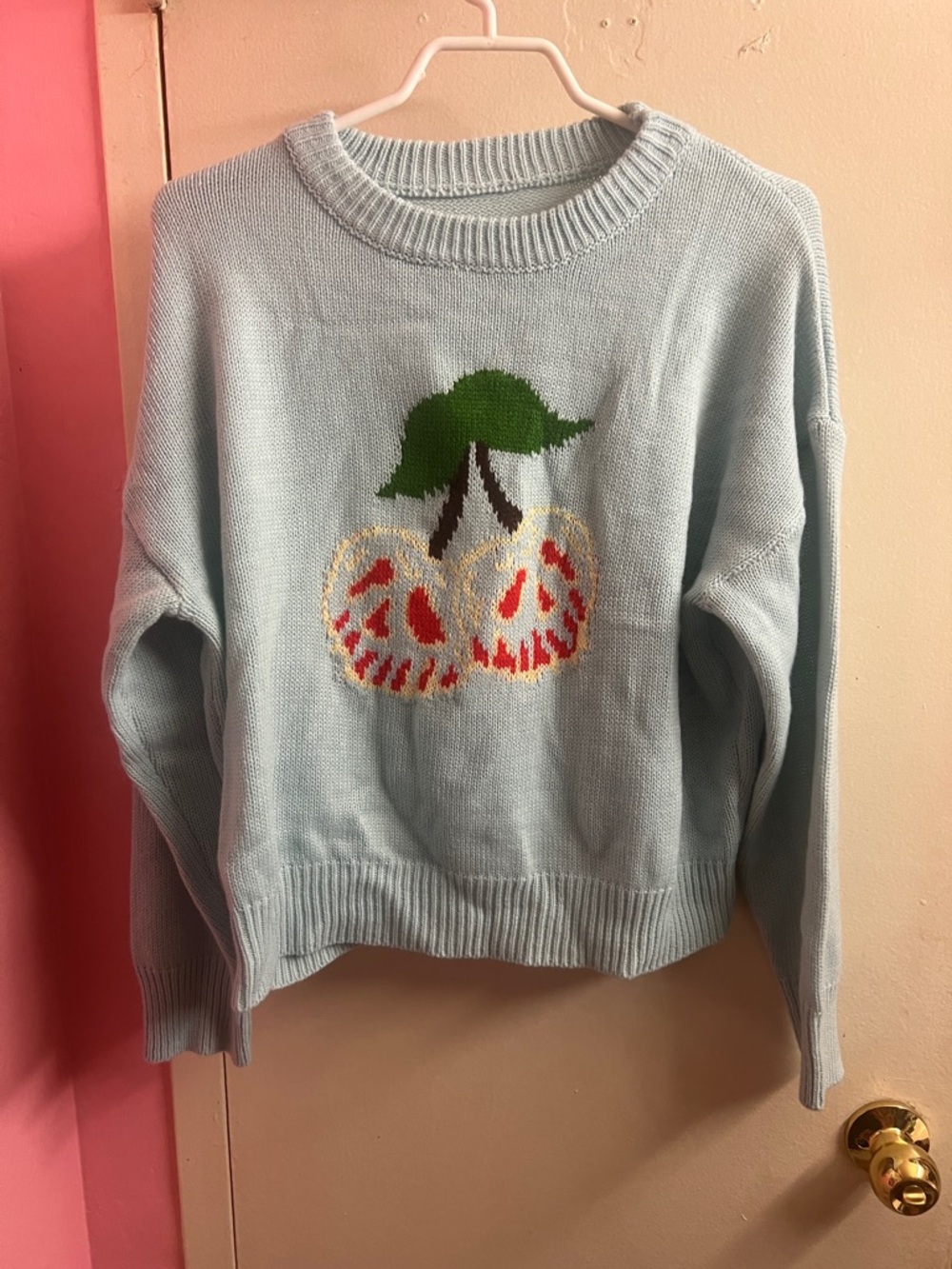 SHEIN Light Blue Crewneck Sweater with Cherry Graphic